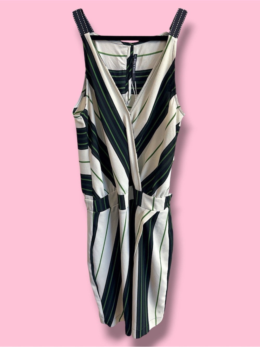 Sleeveless Striped V-Neck Mini Dress - White & Green #1